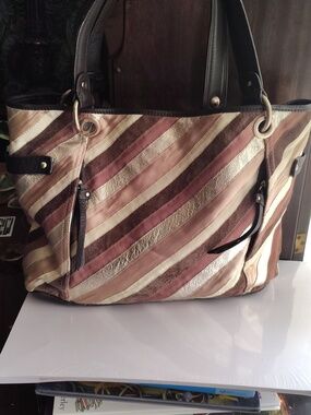 Vintage Liz Claiborne Striped Multi-Tone Leather Tote Bag - Brown & Cream